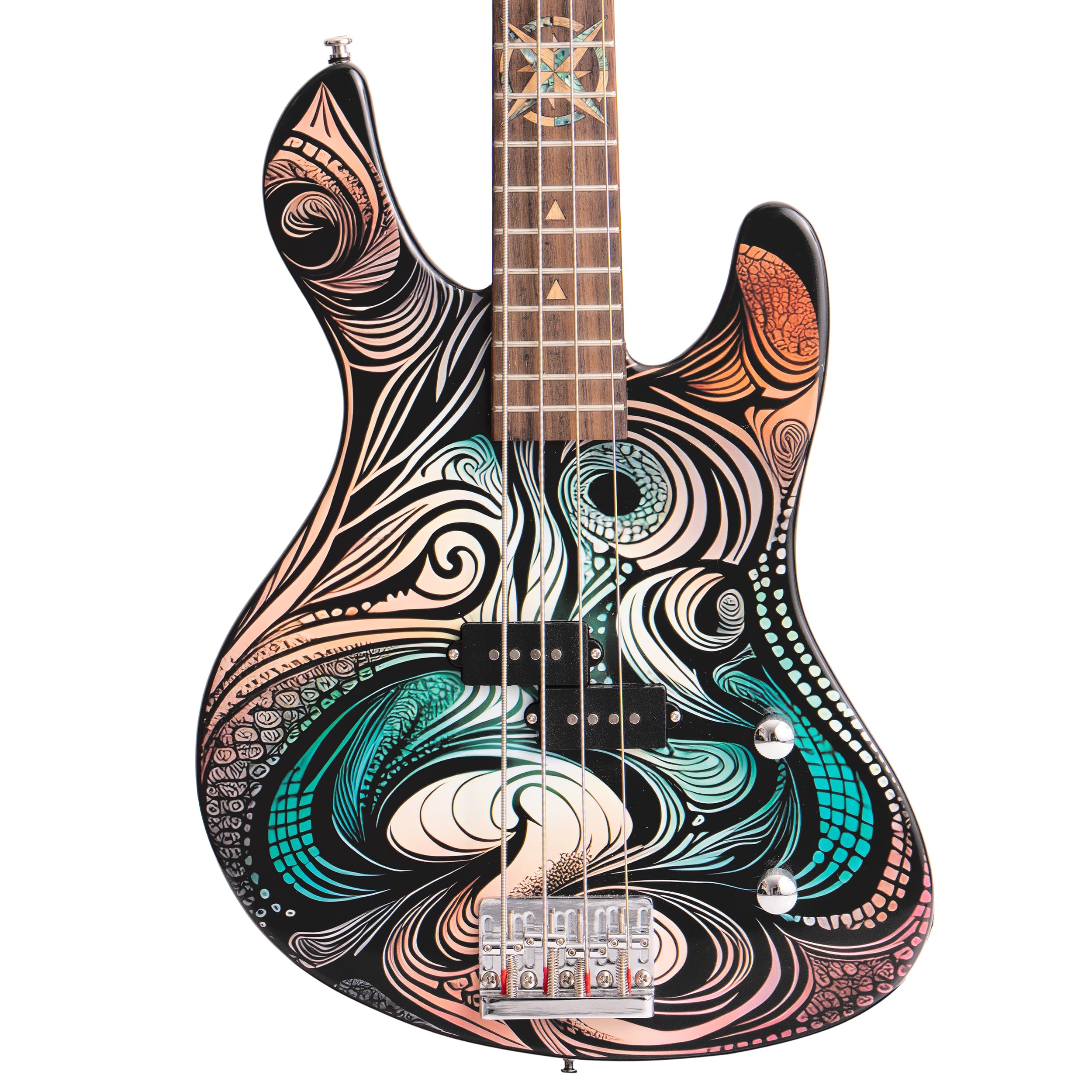 Guitarra Bajo Eléctrica Lindo Sahara (Escala Corta 30") | Incrustación de Concha Abalone y Madera de Arce, Estrella Náutica en el Traste 12 | Acabado de Arte Gráfico | Mástil Compuesto