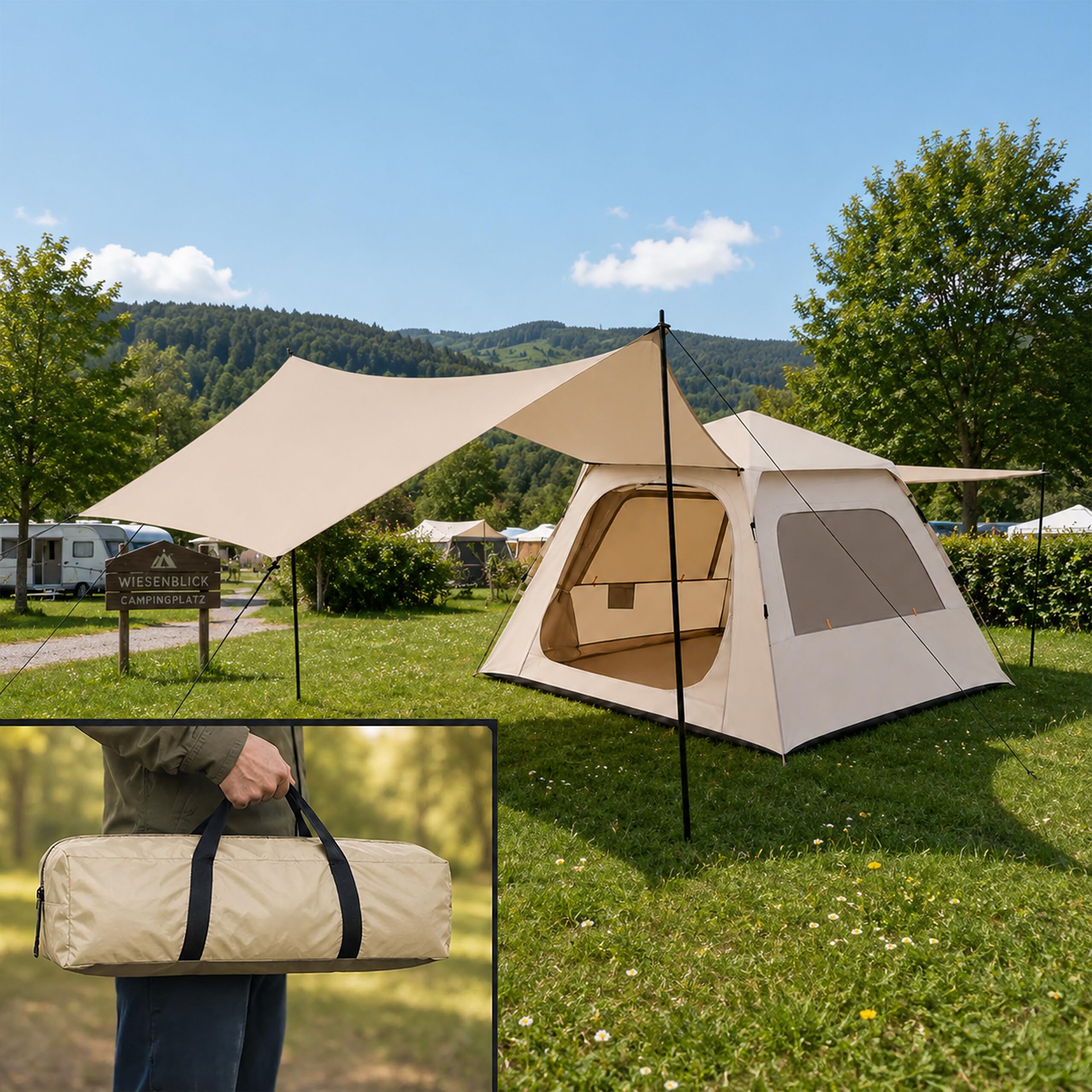 Relaxdays Tienda de campaña automática 3-4 Personas, Beige | montaje rápido, protección UV, con toldo, 155x240x240 cm