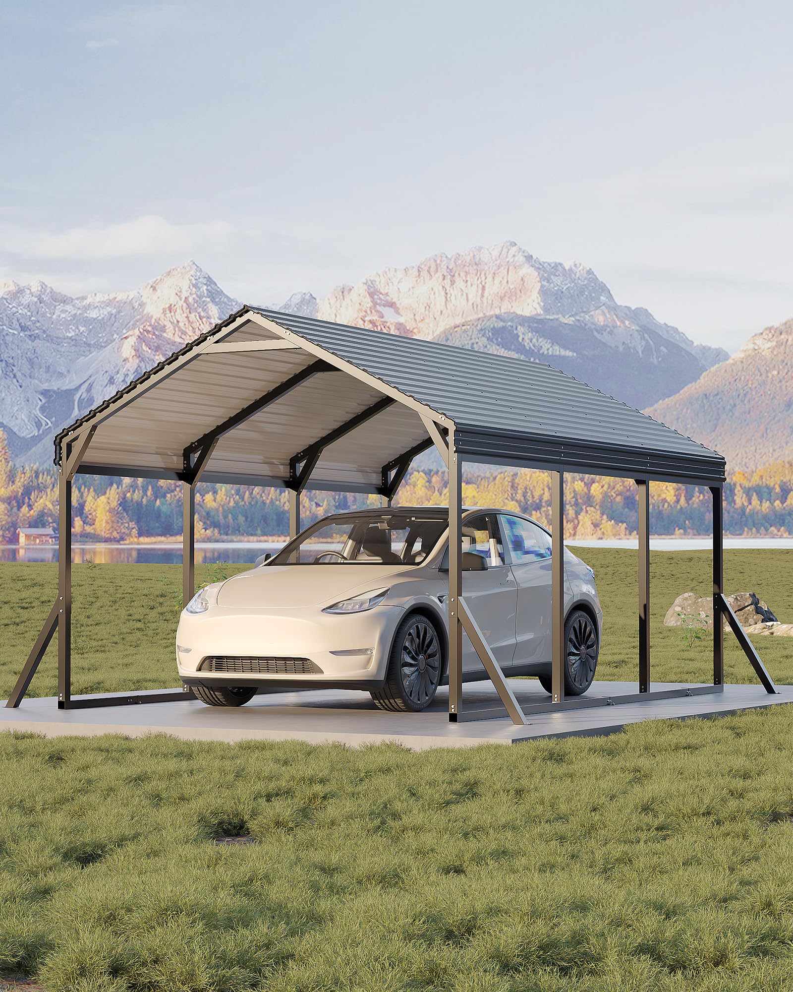 Photo 1 of Garvee 10x15x9 ft Metal Carport, Car Port with Reinforced Frame and Steel Roof for All-Weather Use, Permanent Shelter for Sedans, SUVs, or Boats