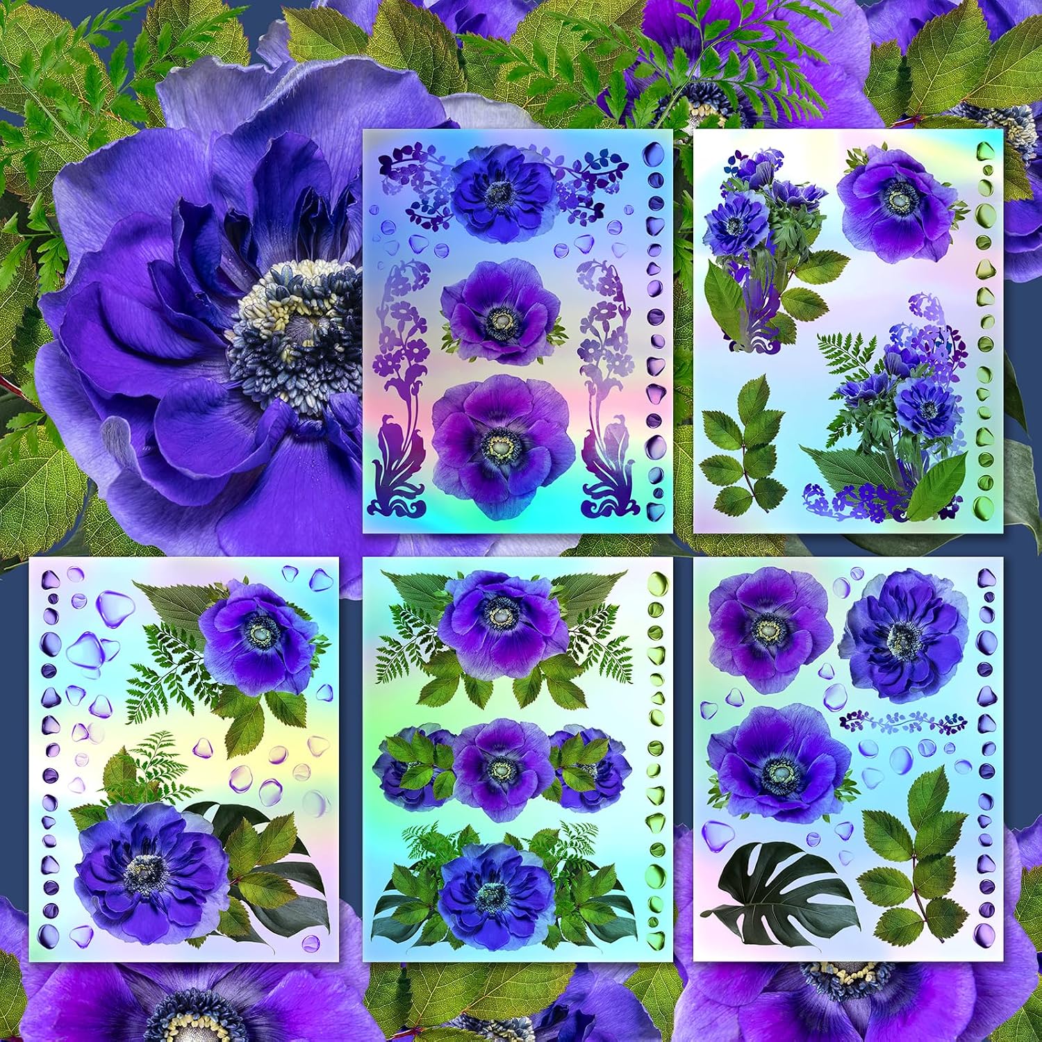 Decoupage Paper Pack (15 Sheets 8"x11") Amazing Purple Flowers HANATABA Vintage Art Deco Styled Ephemera Pictures for Decoupage Craft and Scrapbooking Realistic Photo