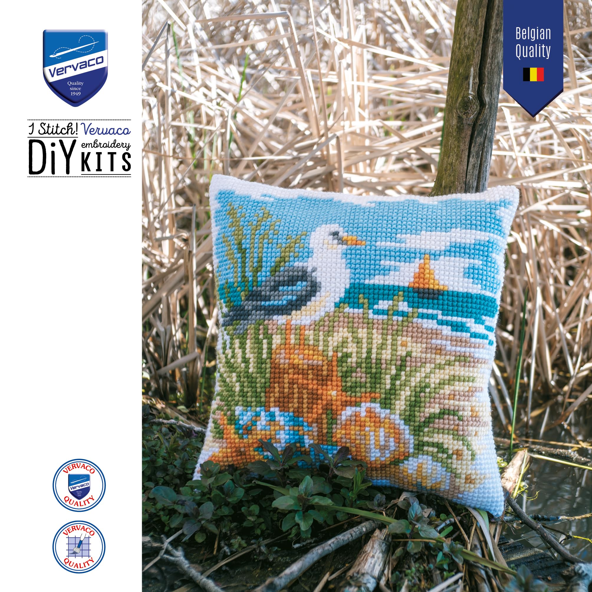 VERVACO Zestaw do Haftu Krzyżykowego Poduszka BRYZA OCEANICZNA Kanwa z Nadrukiem 40 x 40 cm Gruba Włóczka Akrylowa Zrób to Sam Dekoracja Domu DIY Cross Stitch Kit