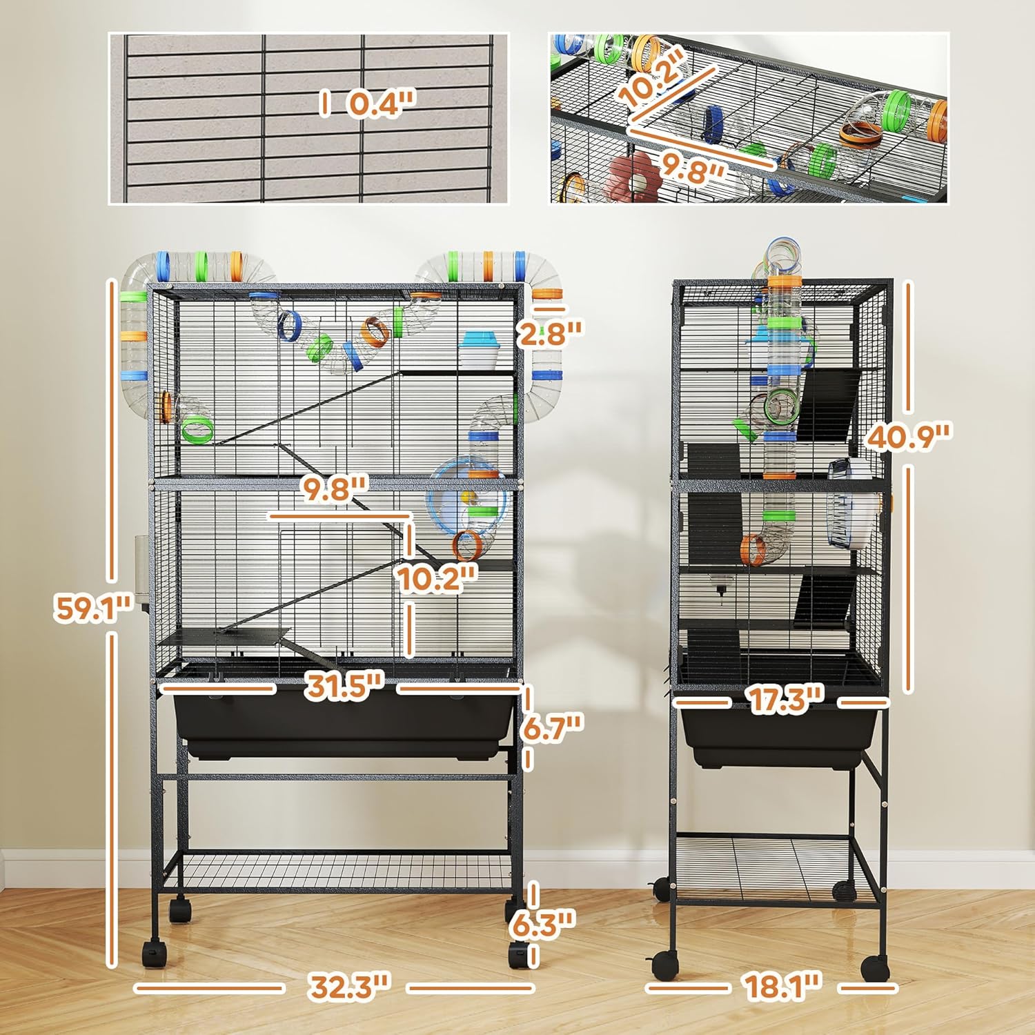 Detailed diagram showing the dimensions of the PawHut 5-Tier Hamster Cage, including length, width, height, and gap size.
