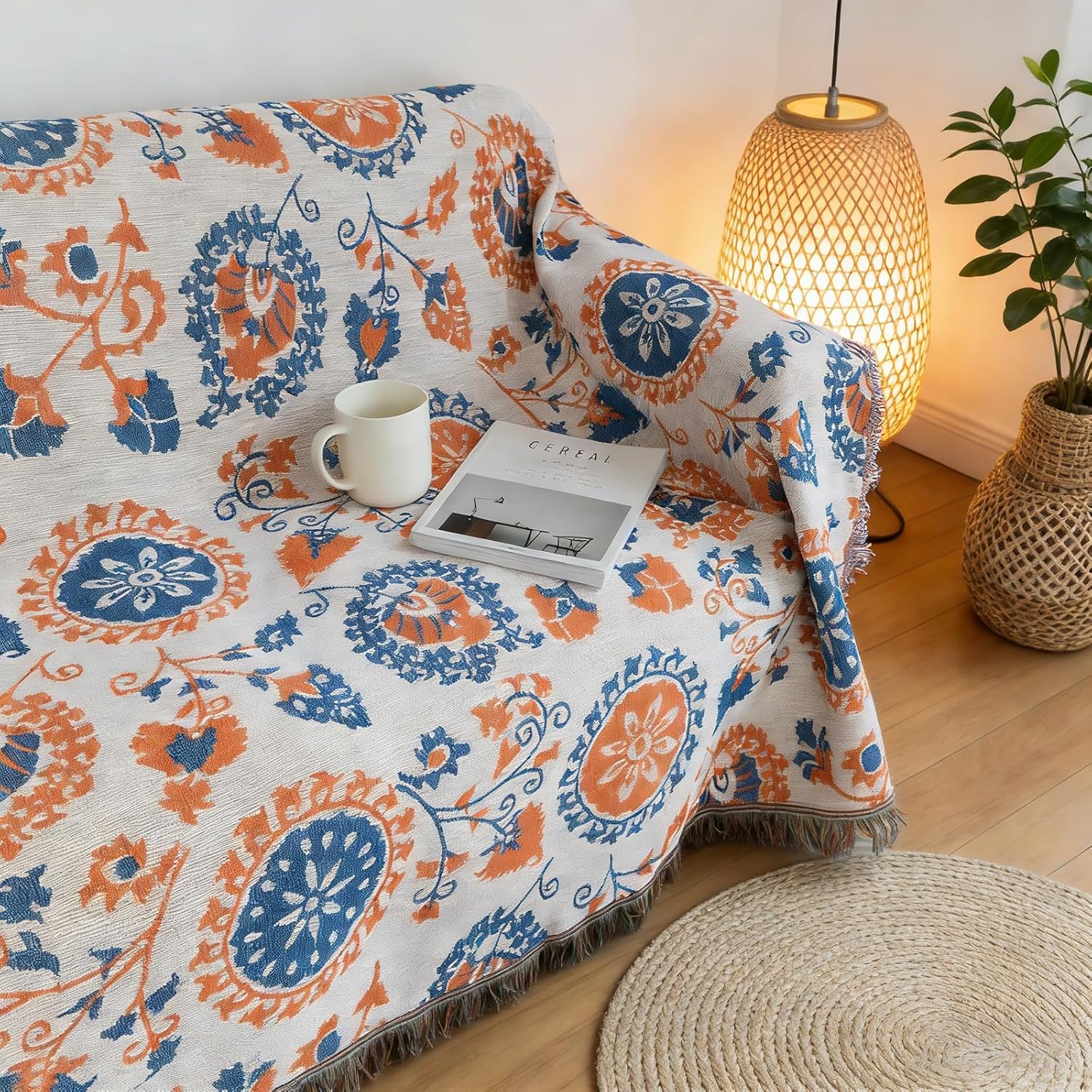 Universal Cotton Crochet Floral Sofa Cover, Machine Washable 1 Piece Durable Loveseat Cover, Blue Orange Furniture Protector for 2 Cushion Couch, 71"x118"