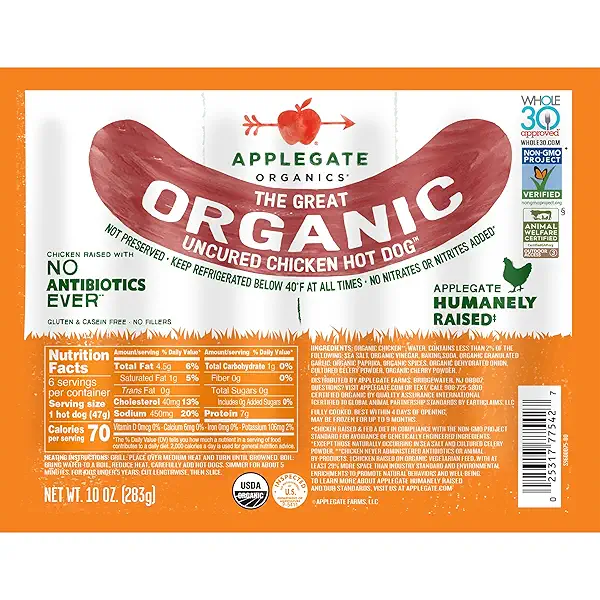 Applegate Great Organic Chicken Hot Dog Uncured, 10oz 1