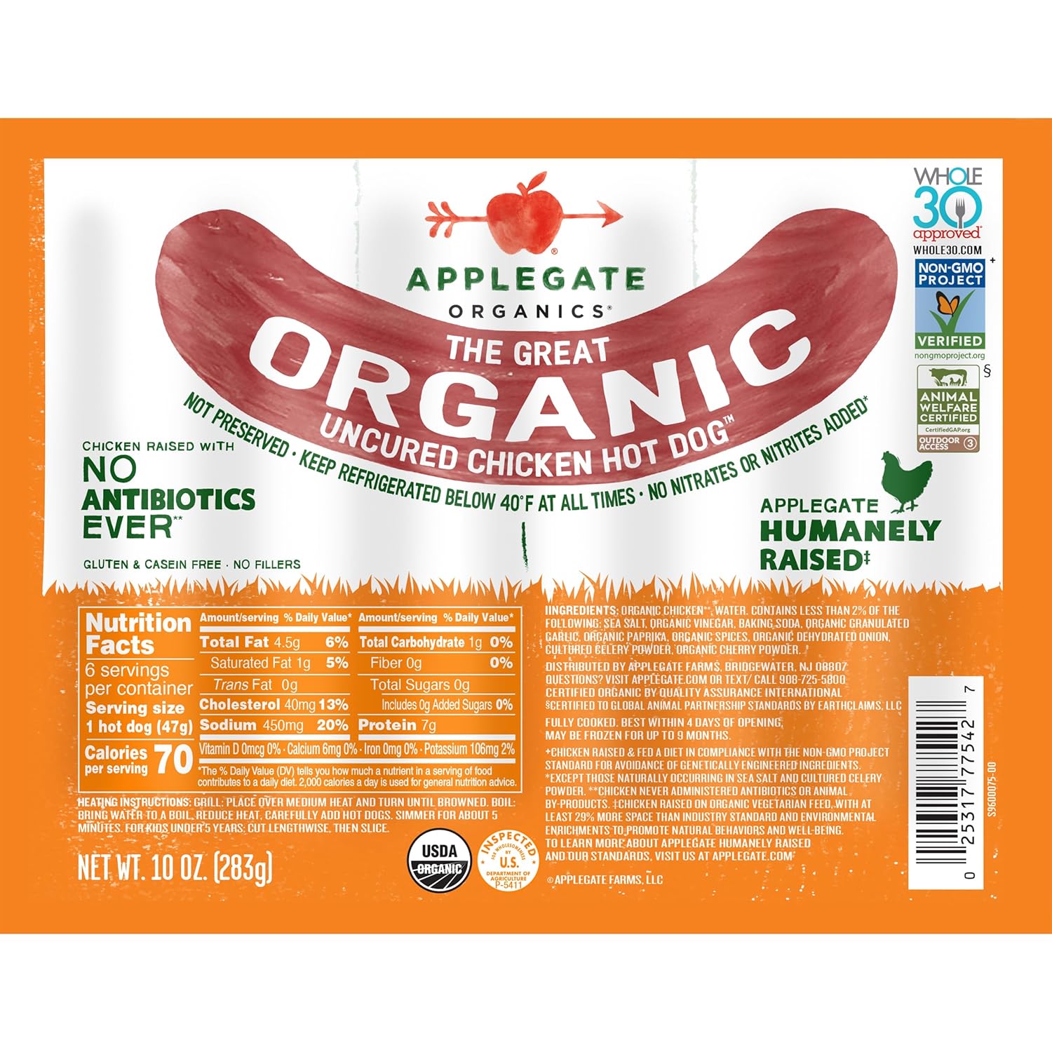 Applegate Organic Uncured Chicken Hot Dogs, 10oz - Humanely Raised, No Antibiotics, Whole30 Approved, Gluten-Free