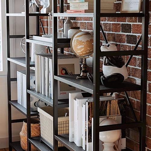 Miniatura 5 de IRONCK Librerías y estanterías de triple ancho de 5 niveles, estantería industrial grande, estantes abiertos con marco de metal para sala de estar,