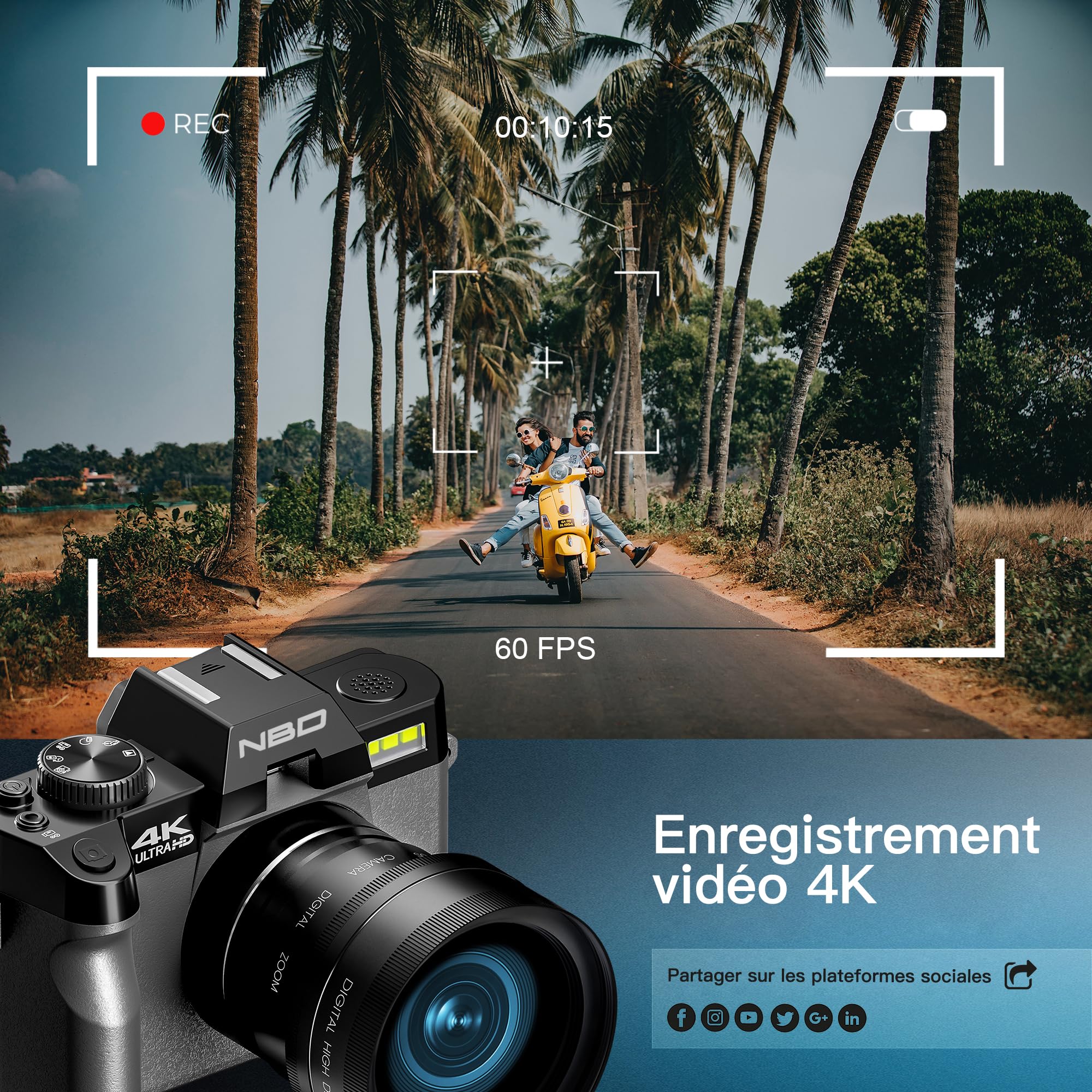 NBD Appareil Photo numérique 4K 48 MP autofocus avec Grand Angle et Macro, Zoom 16x, Carte 32 Go et Microphone, Écran IPS 3" 180°, WiFi (Noir)