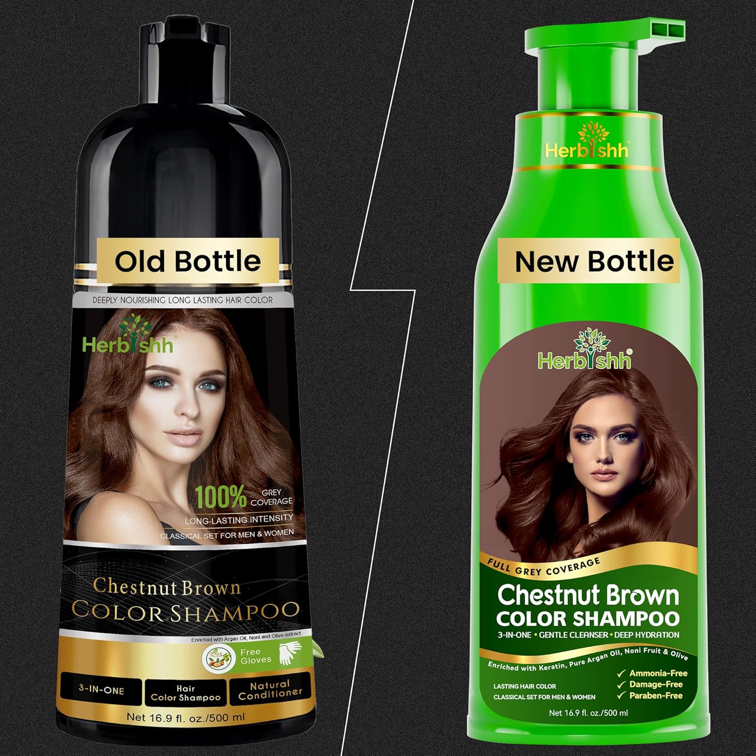 Herbishh Ultimate Chestnut Brown Hair Color Kit (2 Shampoos + 1 Argan Hair Mask) for Grey Coverage - Long-Lasting, Easy Application for Men and Women