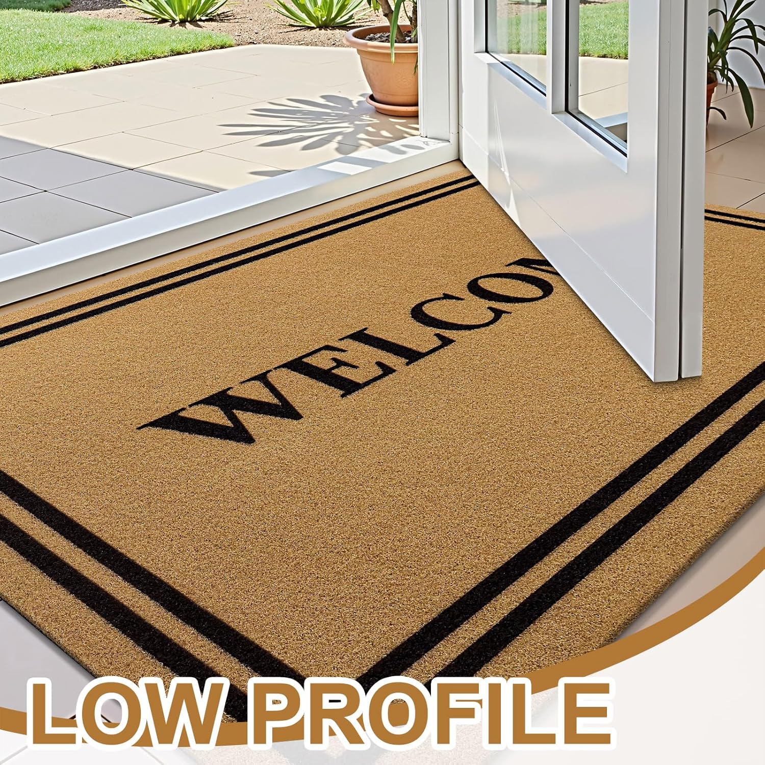 OLANLY Front Door Mat, Low Profile Doormat, Stain and Fade Resistant, Easy to Clean, for Indoor and Outdoor Entrances, Patio Porch or Entryway, Brown (35x23 Inch, Welcome)