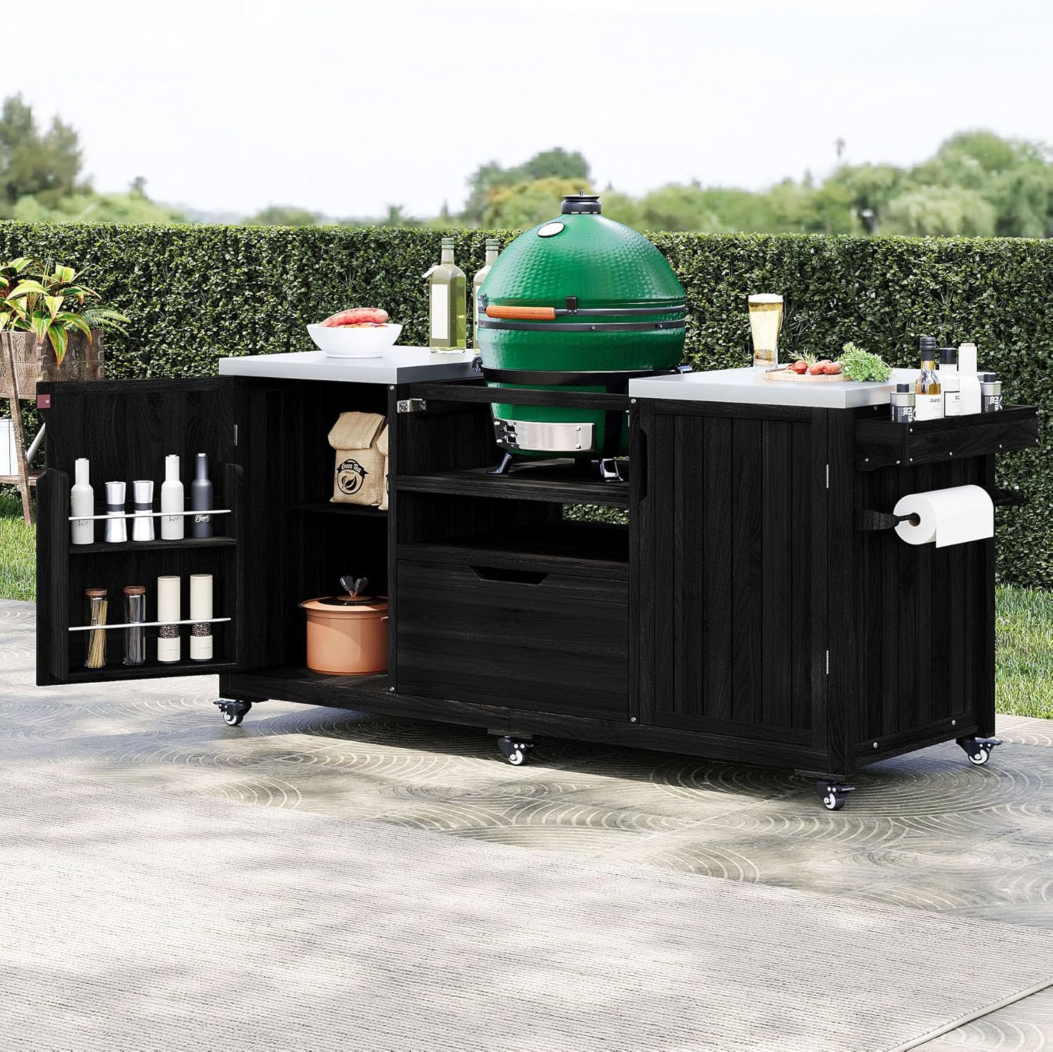 66.5" Outdoor Grill Cart with Storage, Movable Outdoor Kitchen Island with Stainless Steel Top & Wheels, Solid Wood BBQ Tables with Drawer/S-Hook/Bottle Opener for Outside Patio (Grey+Blue)