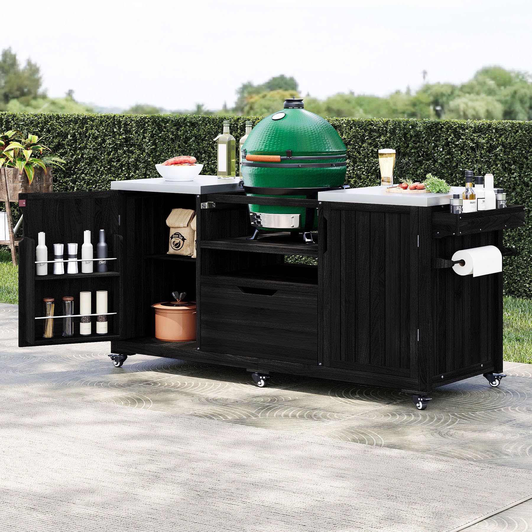 66.5" Outdoor Grill Cart with Storage, Movable Outdoor Kitchen Island with Stainless Steel Top & Wheels, Solid Wood BBQ Tables with Drawer/S-Hook/Bottle Opener for Outside Patio (Black)