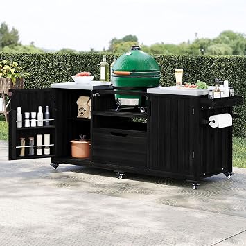 66.5" Outdoor Grill Cart with Storage, Movable Outdoor Kitchen Island with Stainless Steel Top & Wheels, Solid Wood BBQ Tables with Drawer/S-Hook/Bottle Opener for Outside Patio Black