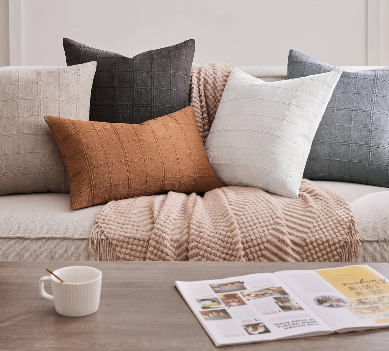 ZeeMart Linen Checked Lumbar Throw Pillow Covers Set of 2, 12x20 Inch Allover Grid Taupe, Farmhouse Decorative Double Sided Grid Embroidered Couch Pillow Cases Taupe Cotton Linen Cushion Covers - Image 7