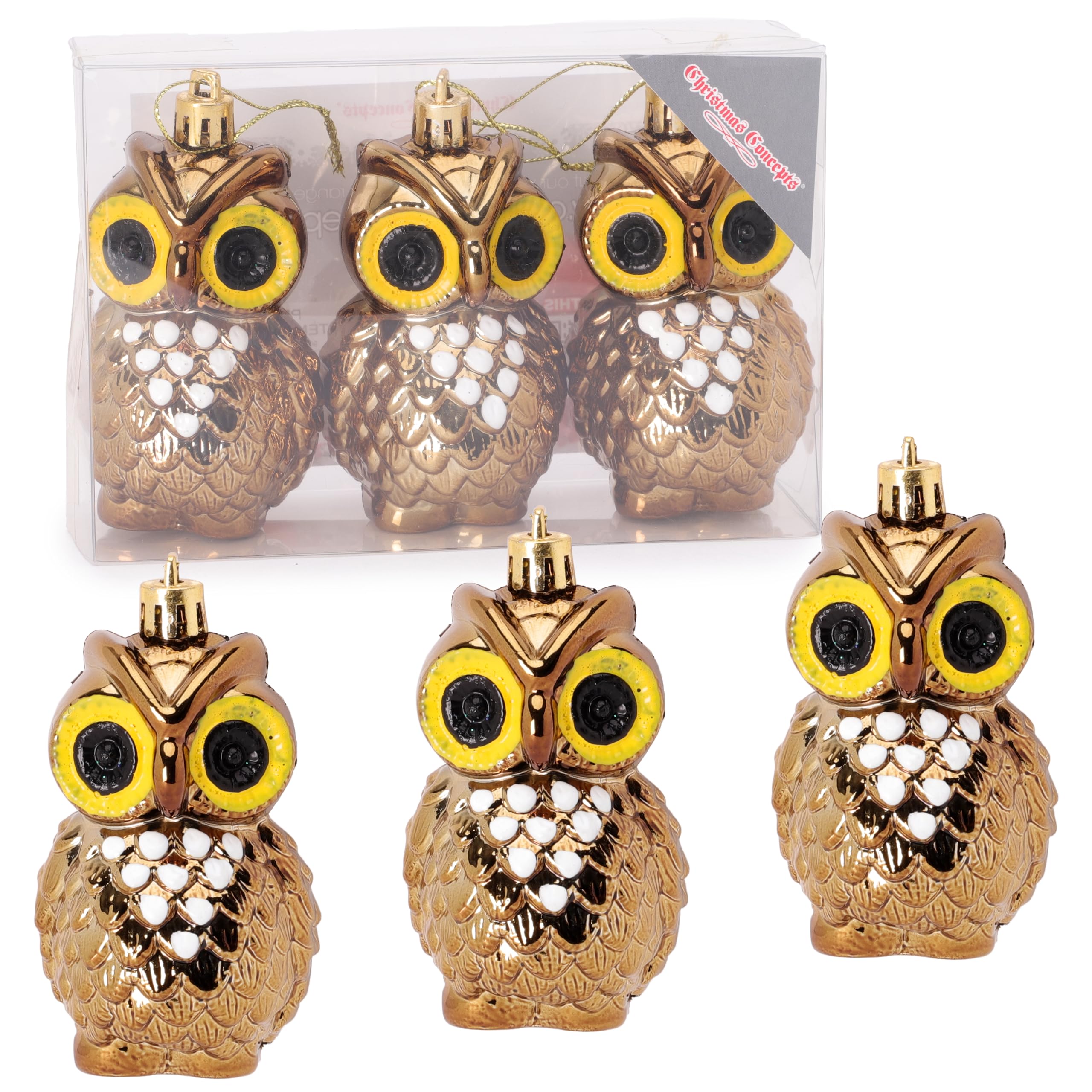 Christmas Concepts® Pack of 3-90mm (3.5") Gold Glittery Festive Owl Baubles - Christmas Tree Decorations