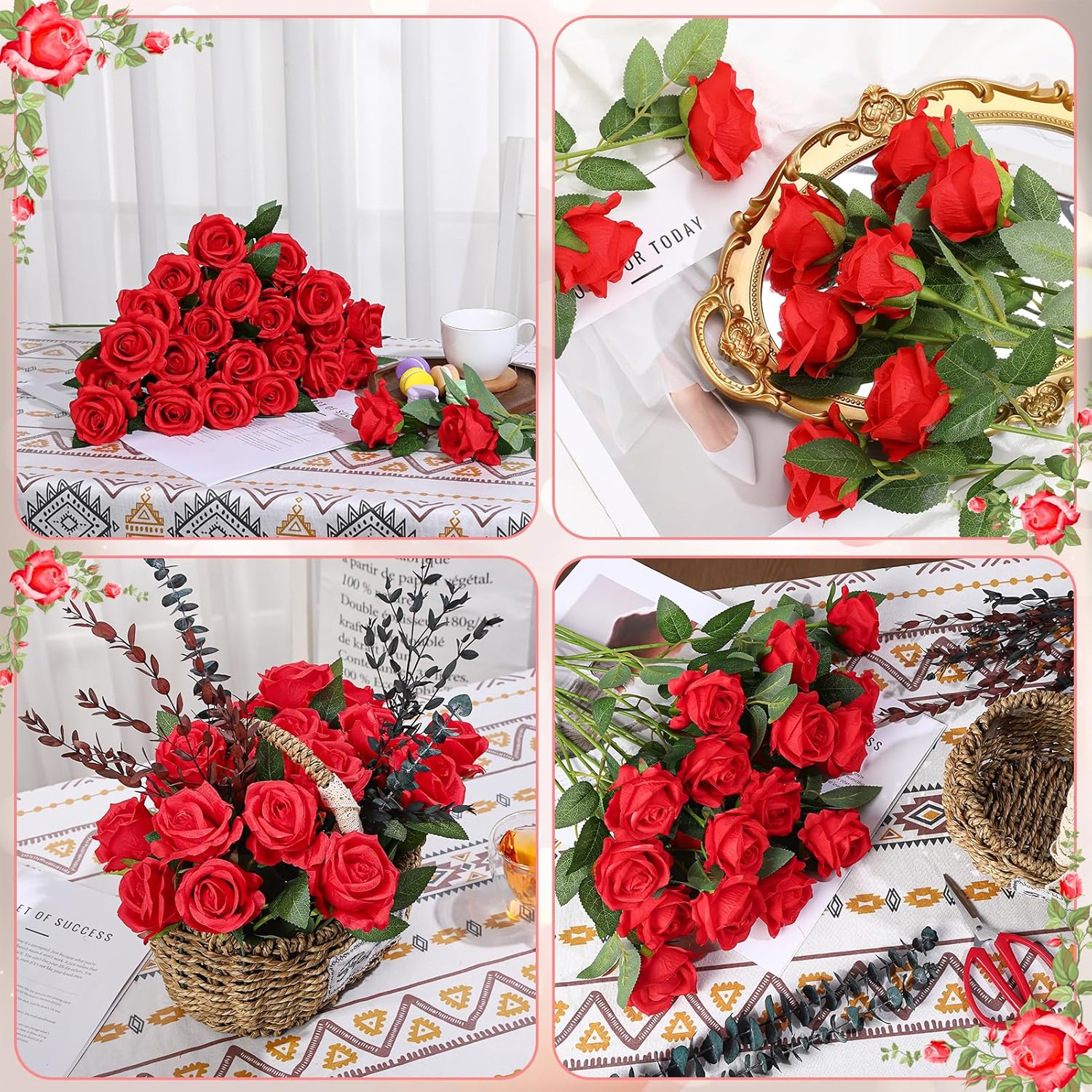 24 Pcs Red Rose Artificial Flowers with Long Stem Real Touch Silk Plastic Bouquet Red Roses Bulk for Wedding Party Table Centerpieces Festival Decorations - Image 5