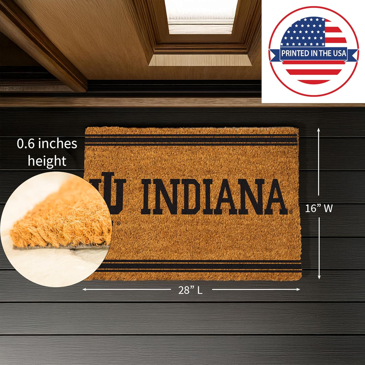 NCAA Indiana University Coir Door Mat, Indoor and Outdoor Entryway, 28 x 16 Inches Non Slip Back Welcome Floor Mats for Muddy Dog Paws, Weather-Resistant Front Door Entrance Home Décor