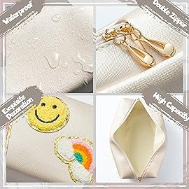 LieToi Preppy Patch Cosmetic Toiletry Bag, PU Leather Portable Waterproof Makeup Bag Smile Lightning Rainbow Organizer Compliant Bag Daily Travel Use Storage Purse for Women Girls (Large, Shell White)