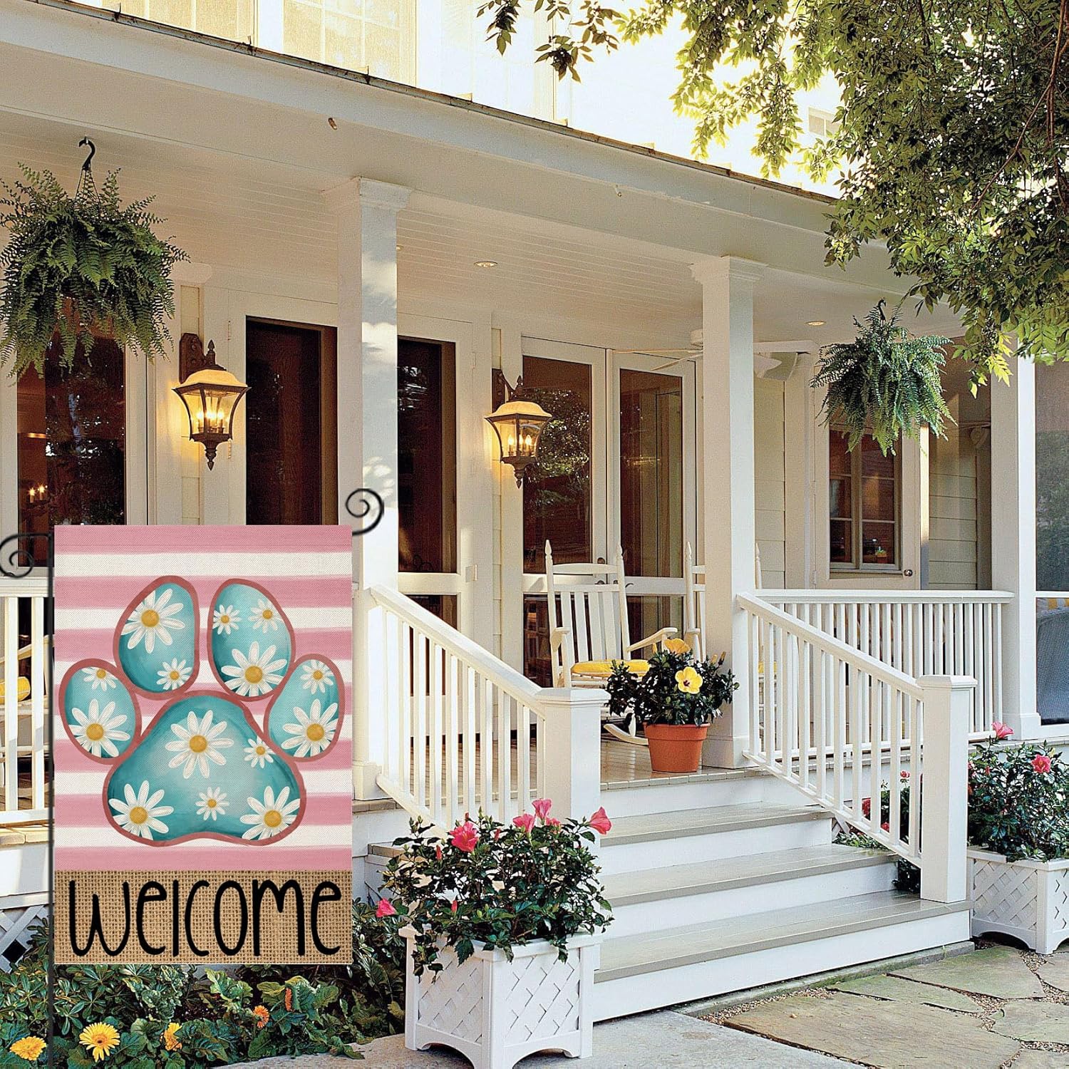 Welcome Spring Garden Flags for Outside, Dog Paw with Daisy Flowers Stripes Yard Decoration, Small Seasonal Outdoor Decor for Summer Farmhouse Holiday,12x18 Inch Double Sided - Image 2