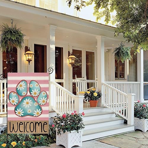 Miniatura 2 de EKOREST Banderas de jardín de primavera de bienvenida para exteriores, pata de perro con margaritas y rayas, decoración de patio, pequeña decoración