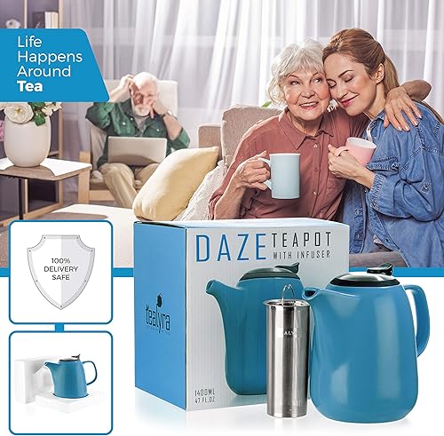 Miniatura 7 de Tealyra - Tetera grande de cerámica Daze Turquesa - 47 onzas 6-7 tazas - Con tapa de acero inoxidable infusor extrafino para té de hojas sueltas -