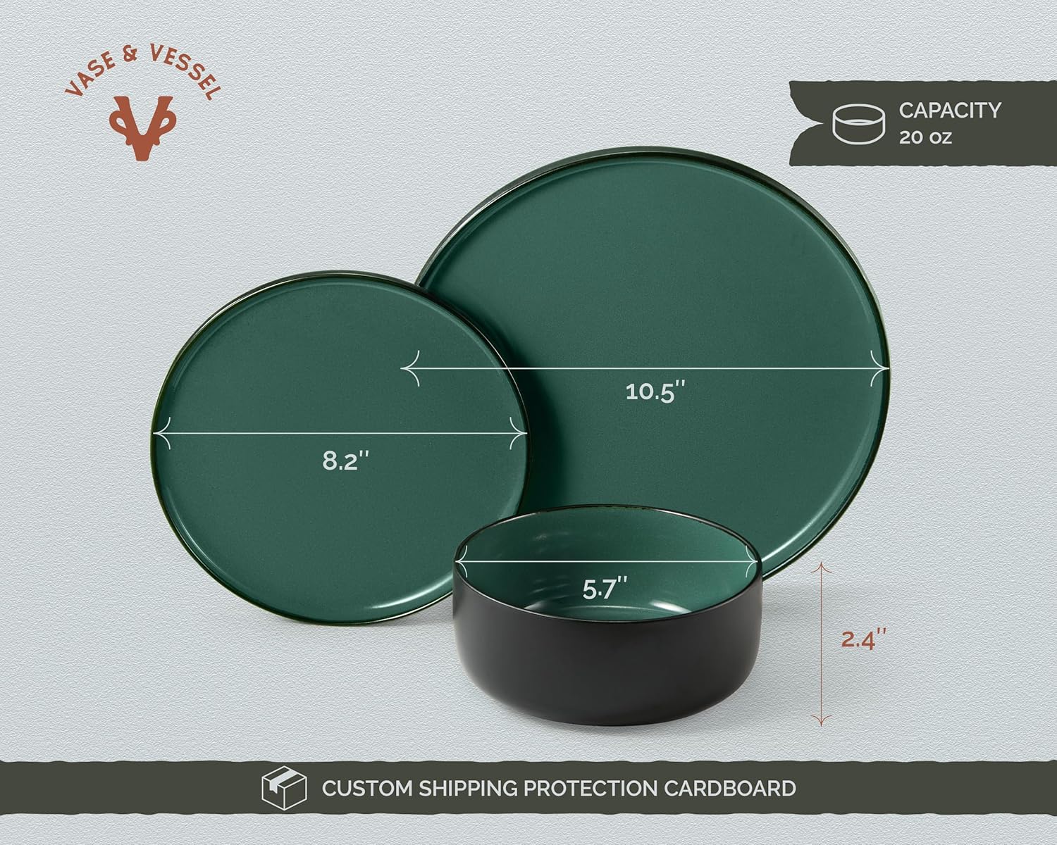 Dinnerware Set, 12 Piece Service for 4, Vase and Vessel, Ceramic 10.5” Dinner Plates, 8.2” Salad Plates and 20 oz Bowls, Stoneware, Somerset Collection (Black/Jade)