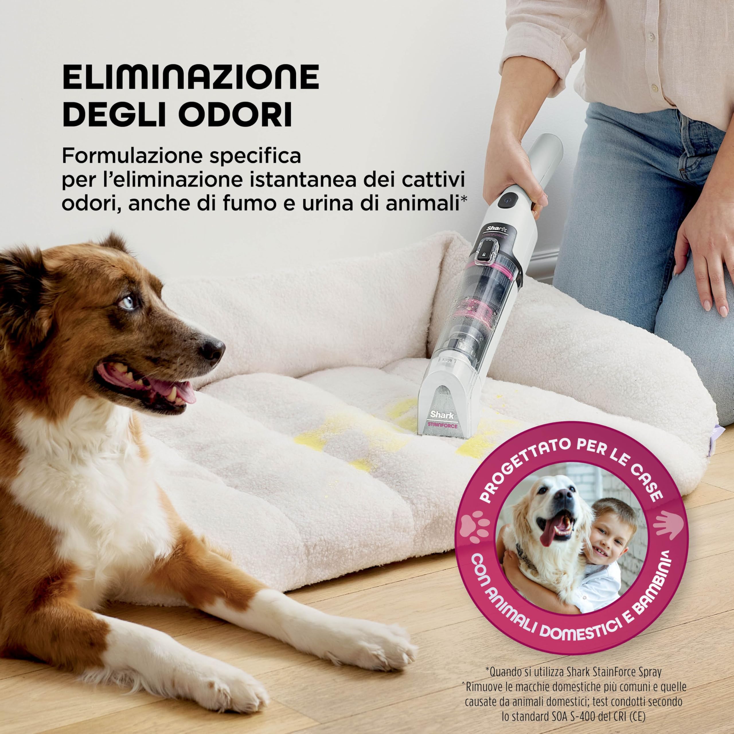 Shark StainForce Pulitore elettrico senza filo leggero, Elimina macchie e odori da tappeti, moquette, tappezzeria, scale, auto. Con cestello di stoccaggio, accessori e soluzione detergente, HX100EUT