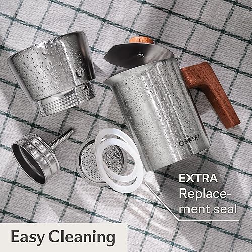 Miniatura 5 de Cosumy Cafetera espresso para estufa, acero inoxidable y roble sostenible, 6 tazas, compatible con inducción, 10.14 onzas, Moka Pot Italian Espresso