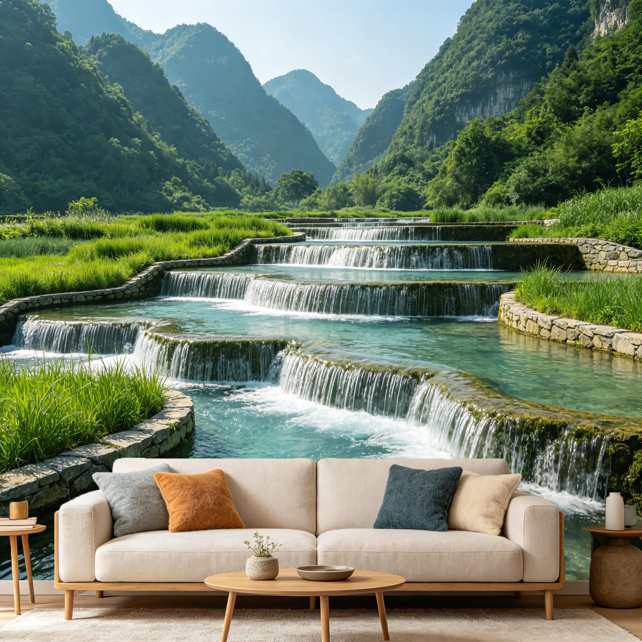 Custom Size Wall Mural Mountain Lake Waterfall Landscape Nature Scenery SelfAdhesive Art Prints wall Fabric（No PVC） Removable Wallpaper Home Bedroom Decor