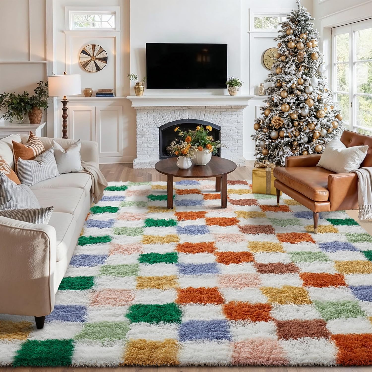 Checkered Rug 9x12 for Living Room, Modern Neutral Shag Rug Washable Non-Slip Large Area Rug Super Soft Indoor Fuzzy Carpet Fluffy Rugs for Bedroom Home Aesthetic Decor