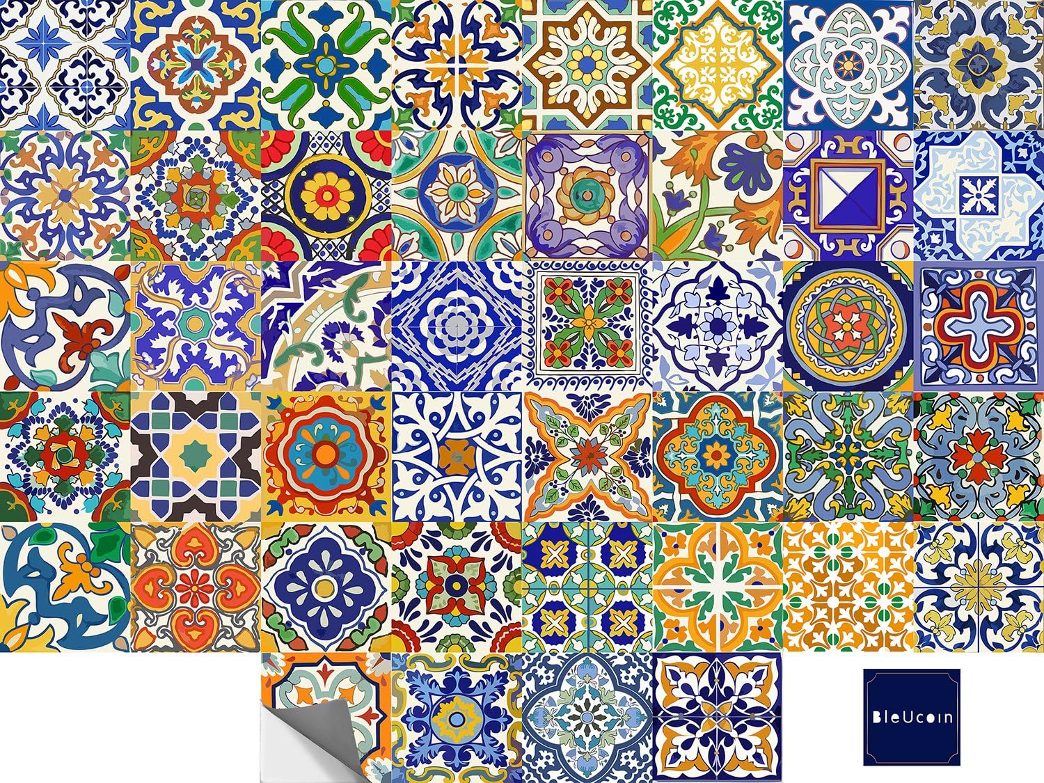 Bleucoin Spanish Peel and Stick Tile Stickers Vinyl Self-Adhesive Backsplash for Kitchen & Bathroom Water-Resistant & Removable Tile Decals for Instant Makeover-Pack of 44 (3" x 3" Inches)