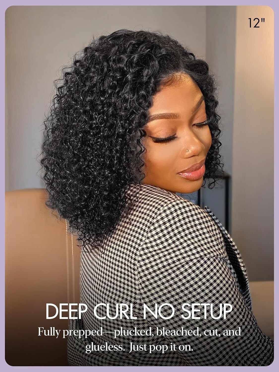 LUVME HAIR 5X5 Deep Curly 12 Inches 100% Human Hair Wigs Glueless Lace Front Pre Cut Plucked HD Lace Short Wig Ready to Go Natural Color Straight Bleached Knots Black Wigs