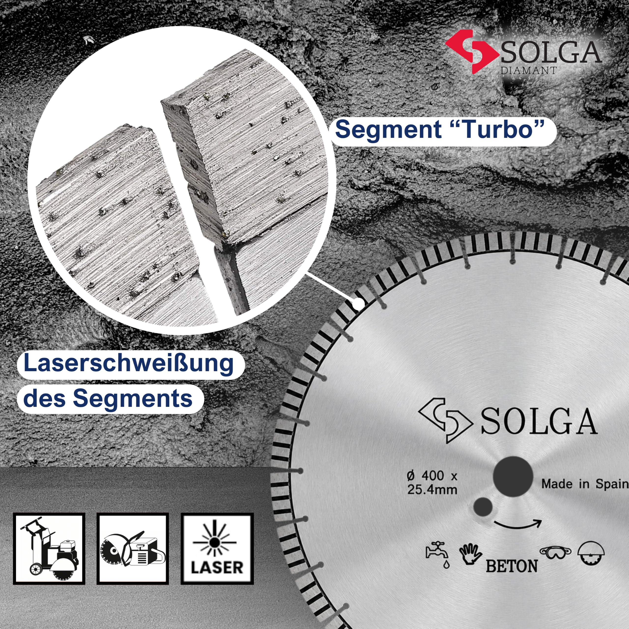 SOLGA Diamanttrennscheibe Turbo - 400mm - 25,4mm - 3,2mm - Beton, Stahlbeton, Asphalt, Ziegel, Stein, Porenbeton, Granit - Sägeblatt für Benzin Elektro Winkelschleifer