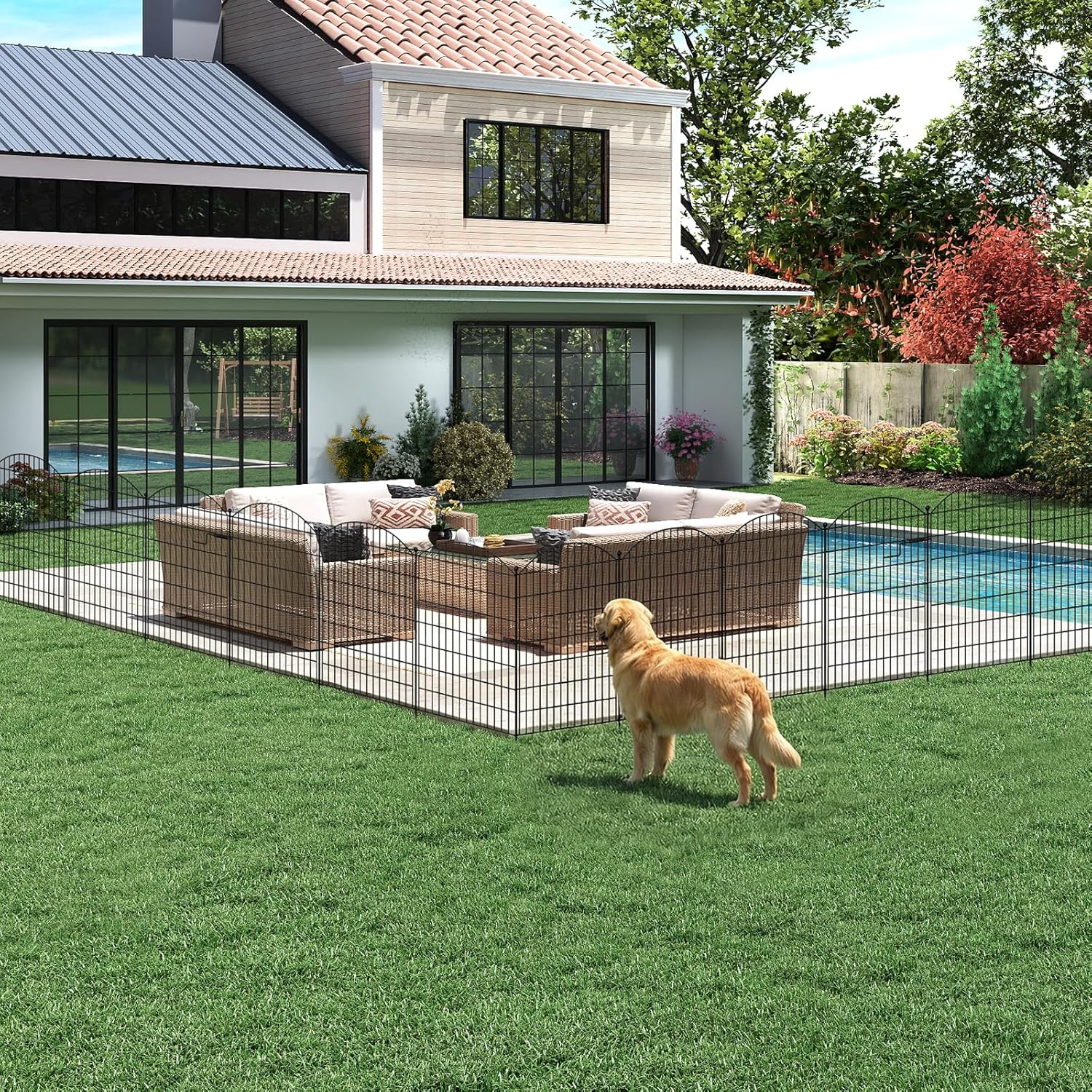 SUNYRISY Metal Garden Fence Animal Barrier with Gate, 7 Panels 40 in (H) X 15 ft(L) No Dig Dog Pet Fence Outdoor for Yard, Rustproof Temporary Fencing for Outside Garden Border
