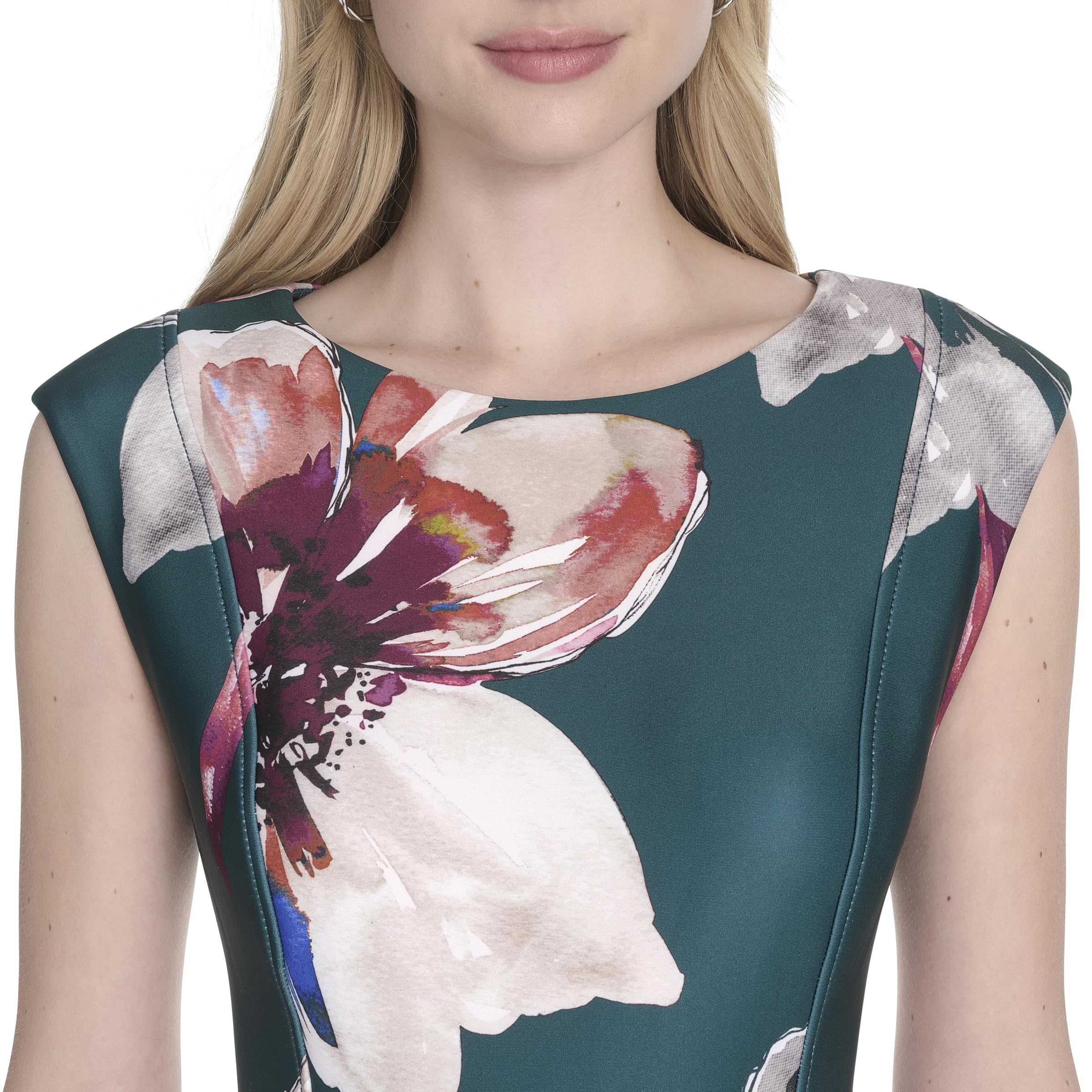 Calvin Klein Sleeveless Floral Print Scuba Crepe A-Line Dress with Hardware Vestito Donna