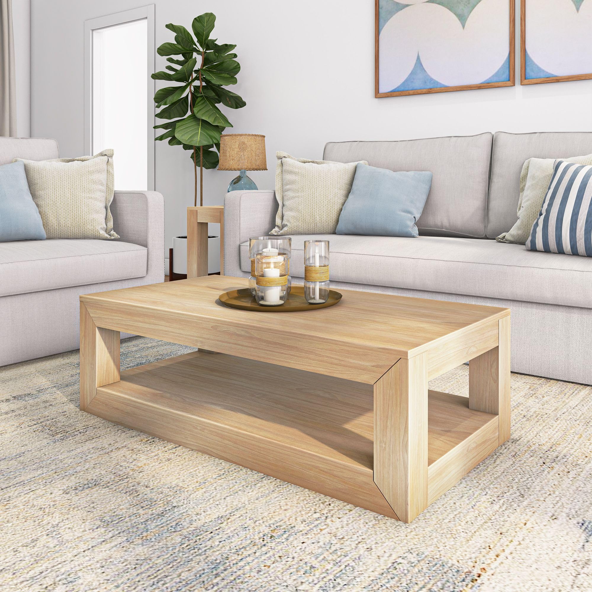 Plank+Beam Modern Rectangular Coffee Table with Shelf, 48", Solid Wood Center Table with Storage, 2 Tier Tea Table for Living Room, Blonde Wirebrush