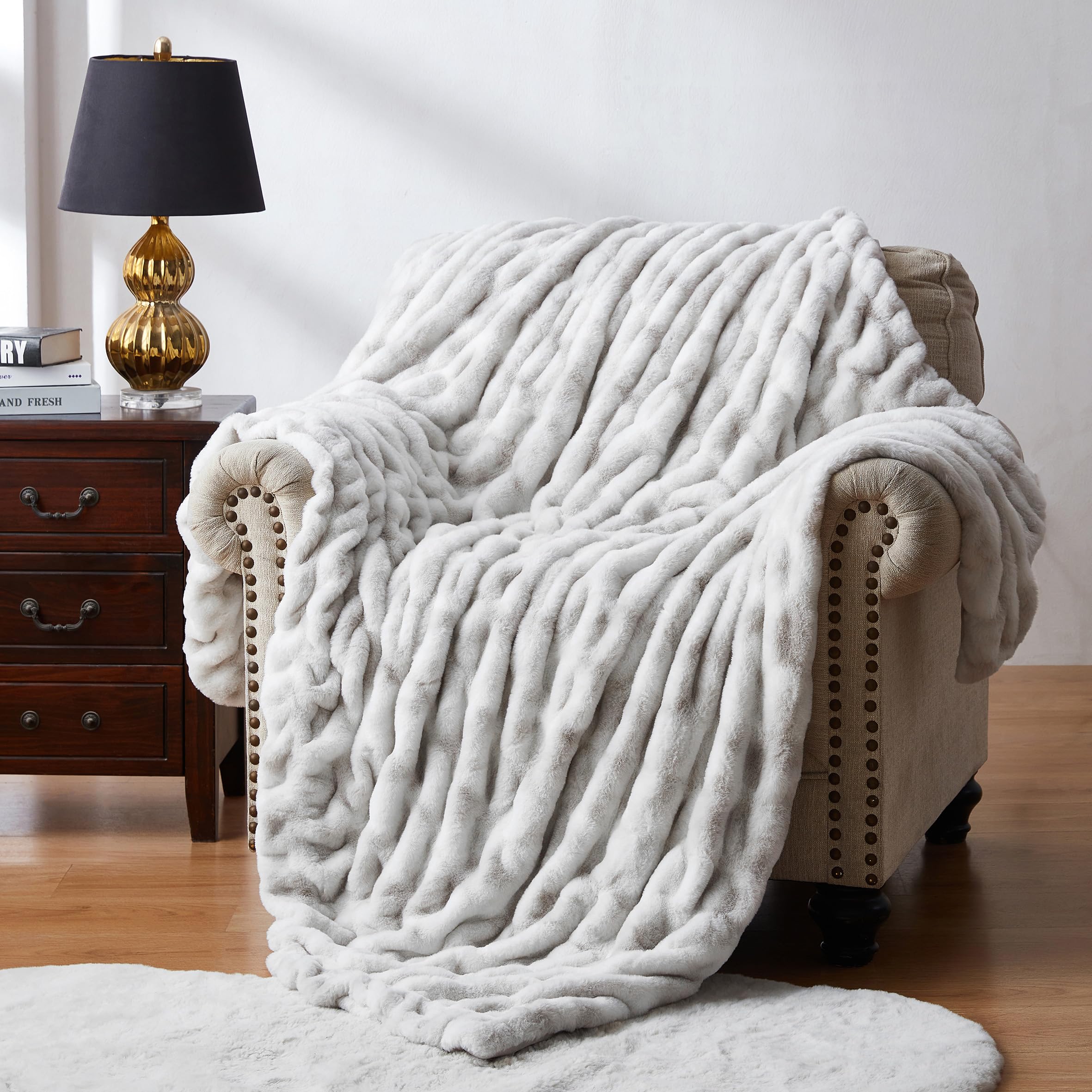 WDCOZY WDCOZY Ruched Faux Fur Throw Blanket Soft Cozy Fluffy Luxurious Blankets Couch Bed Sofa Chair Home Decor Warm Furry Fall Winter Plush Rabbit Fur Bubble Blanket 50" x 60", Grey
