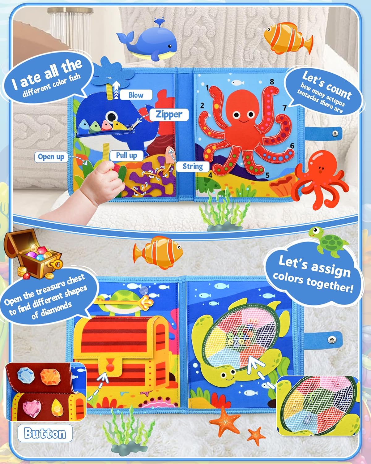Meafeng Ocean Busy Book for Toddlers 1-3 - Montessori Learning Toy with Sea Animals & Life Skills, Travel Quiet Book for 1 2 3 Year Old Boys Girls, Educational Toddler Toy for Car & Airplane Travel