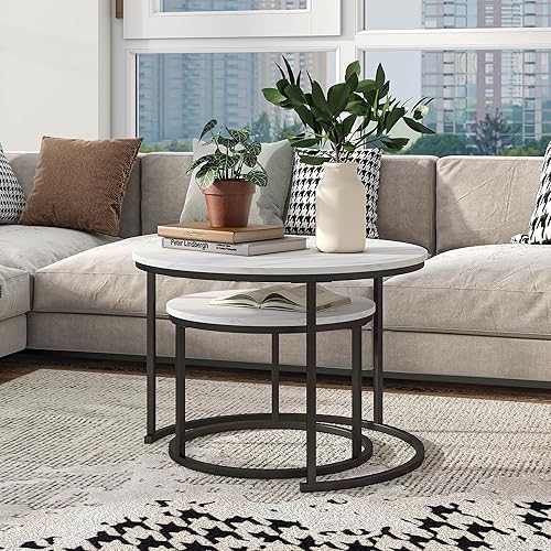 Miniatura 8 de BOFENG Juego de 2 mesas auxiliares redondas industriales para sala de estar, dormitorio, oficina, mesas auxiliares apilables, muebles decorativos de