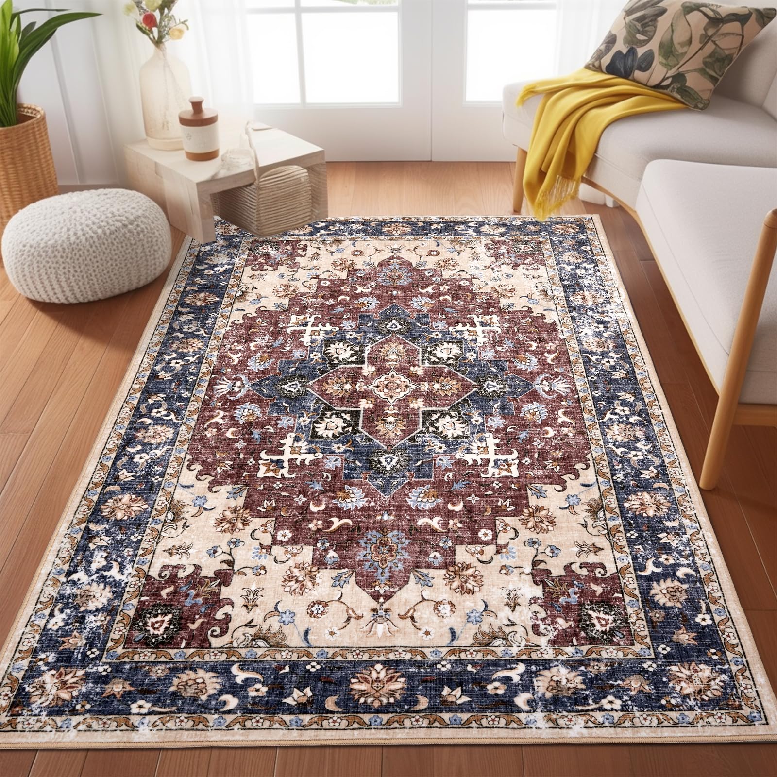 Ruggnovea Area Rug for Living Room Bedroom, 3'x5', Non-Slip Machine Washable Floor Mat High Traffic Home Decor Non-Shedding Carpet for Dorm Dining Room, Red