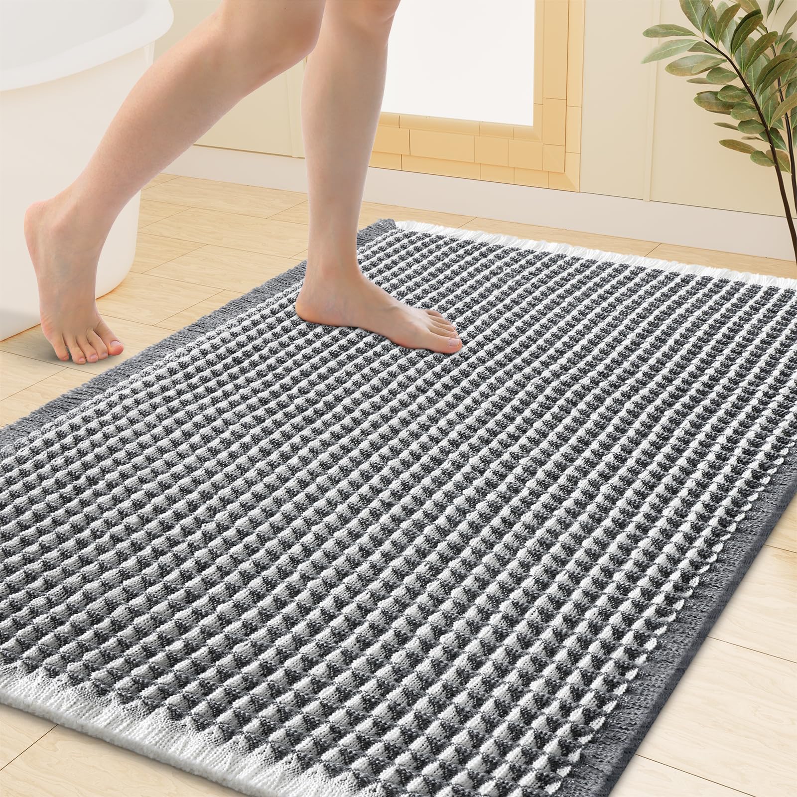 Smiry Waffle Bath Mat 40X32, Soft Absorbent Bathroom Rug, Darkgrey &amp; Cream