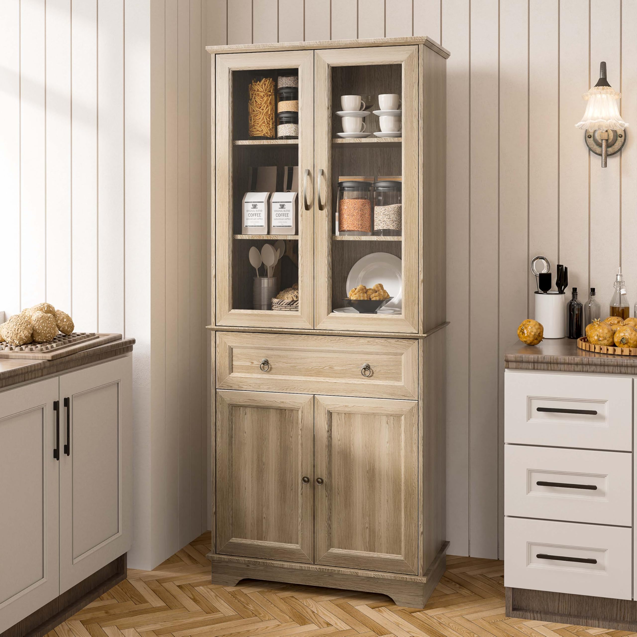 Fatmok 72" Tall Kitchen Pantry Storage Cabinet with Glass Door,Kitchen Hutch Cabinet with 4 Door & 1 Drawer, Farmhouse Food Pantry for Living Room,