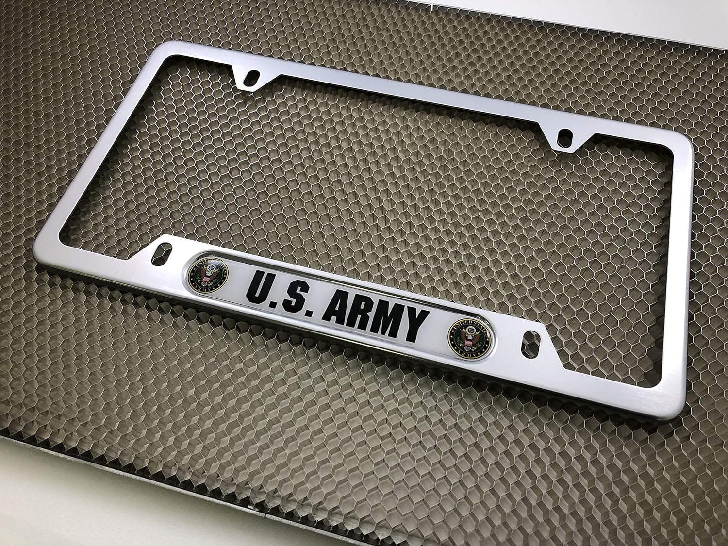 [Officially Licensed Product] - USA Patriotic Anodized Aluminum Thin Top | Narrow Top Car License Plate Frame with U.S. Army - White/Green Insert with Free caps - Silver
