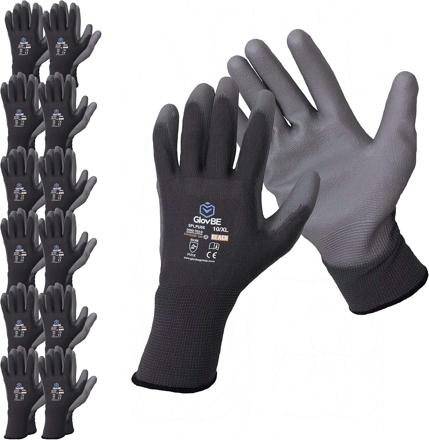12 Pairs Polyester Work Gloves, Polyurethane (PU) Coated, Grey/Black