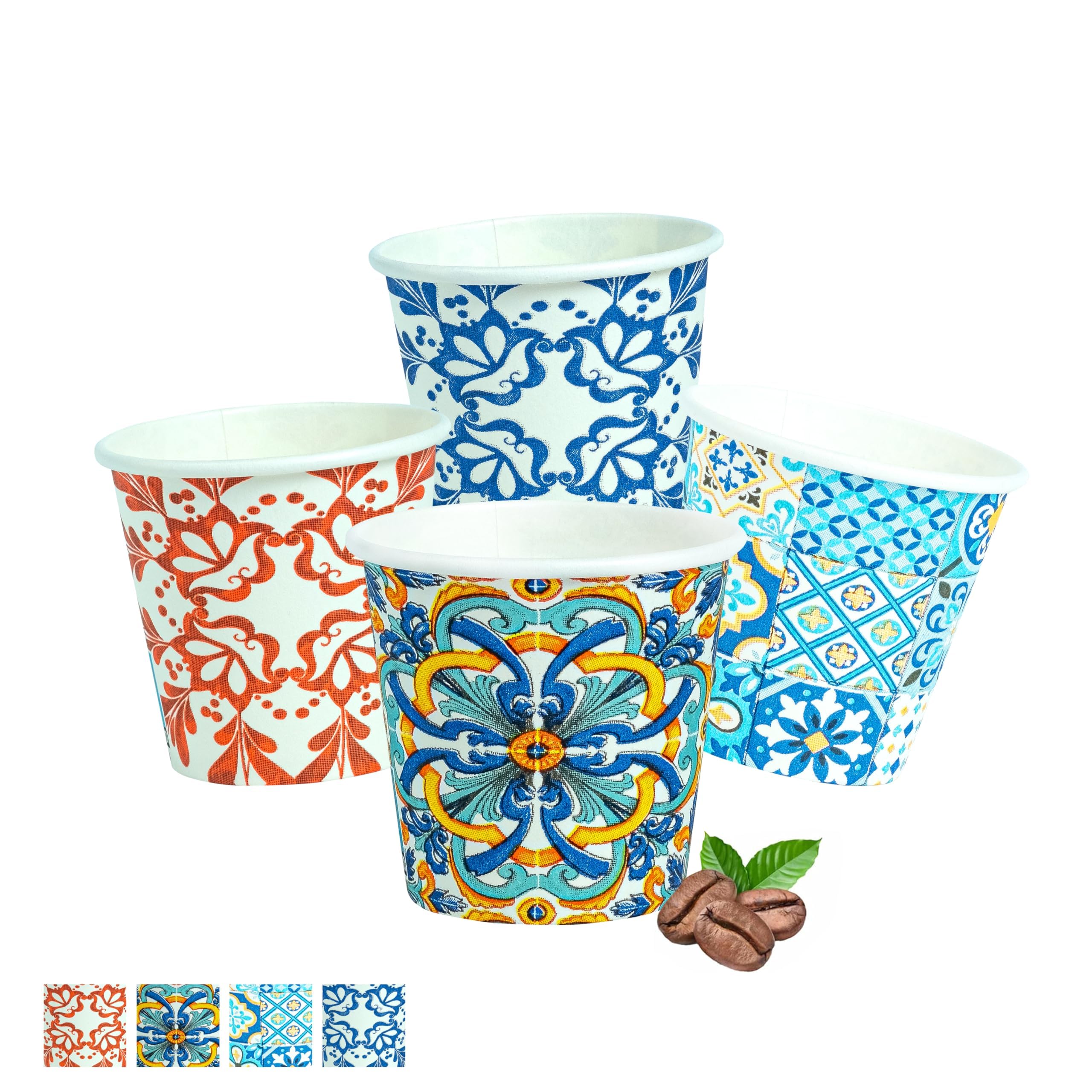 Bicchierini da Caffè 1000 Pezzi, Usa e Getta Biodegradabili 75 ml, Tazzine Caffè Espresso Monouso Compostabili Ecologiche in Carta, Resistenti, con Fantasie Maiolica, per Eventi, Feste, Catering, Bar