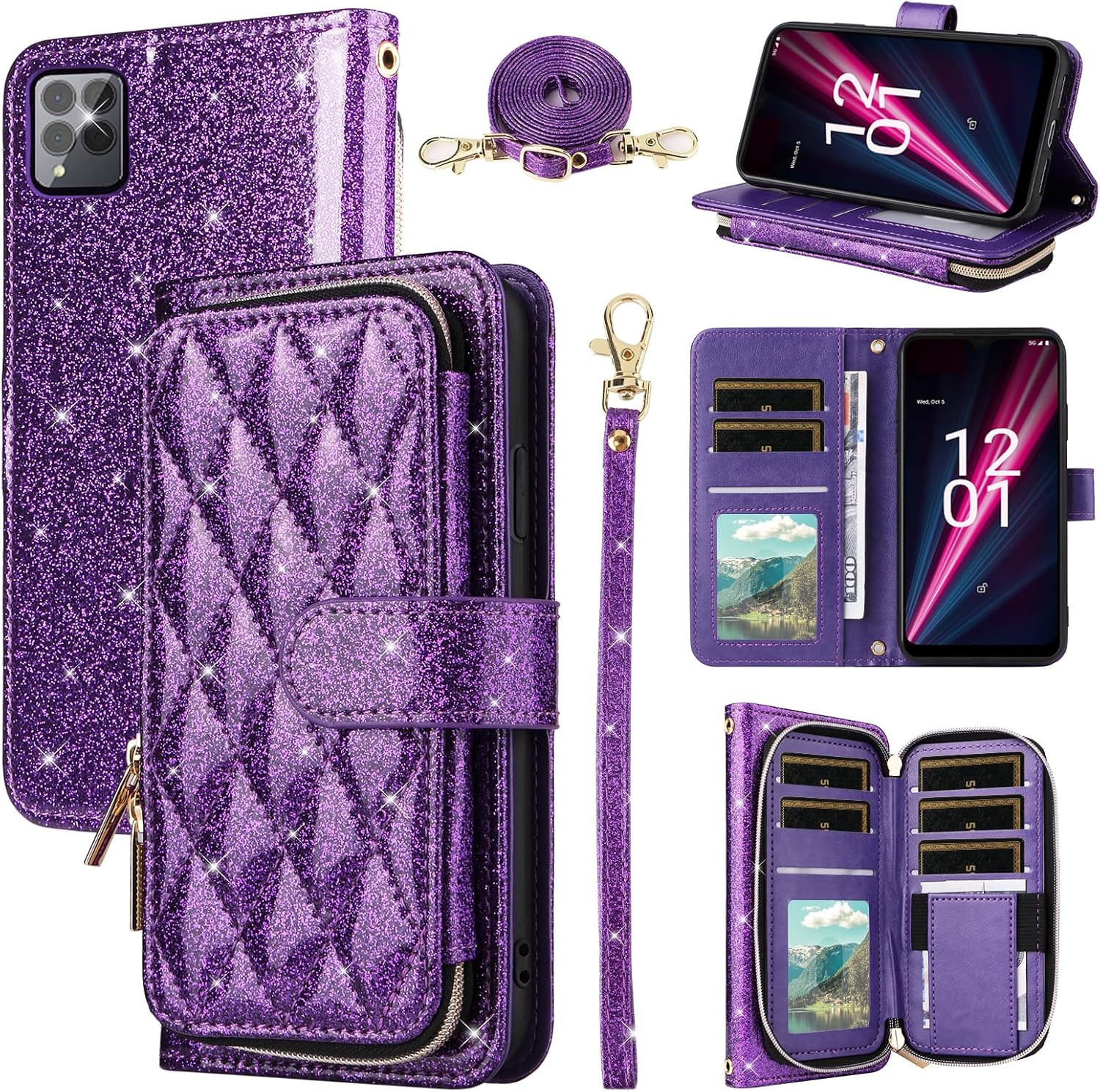Wallet Case for T-Mobile Revvl 6 Pro/6X Pro 5G with Wrist Strap Crossbody Shoulder Strap 9+ Card Slots Zipper Purse Phone Cover for Tmobile Revel X Tmo Revell T Mobile Rebel TCL Girls Purple