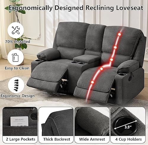 Miniatura 4 de Sofá reclinable doble de 67.9 pulgadas, sofá reclinable para caravana, soporte de pared reclinable, sofá reclinable manual, asientos de cine en