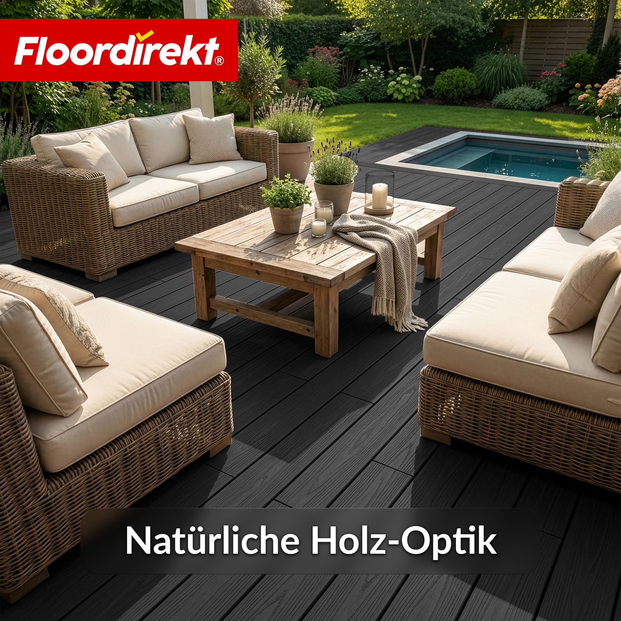Floordirekt WPC Terrassendielen 220x14,6cm - Komplettset 2 m² – Hohlkammerdiele - Komplettbausatz, inkl. Unterkonstruktion & Montagematerial, wetterfest & UV-beständig - Crown Schwarz