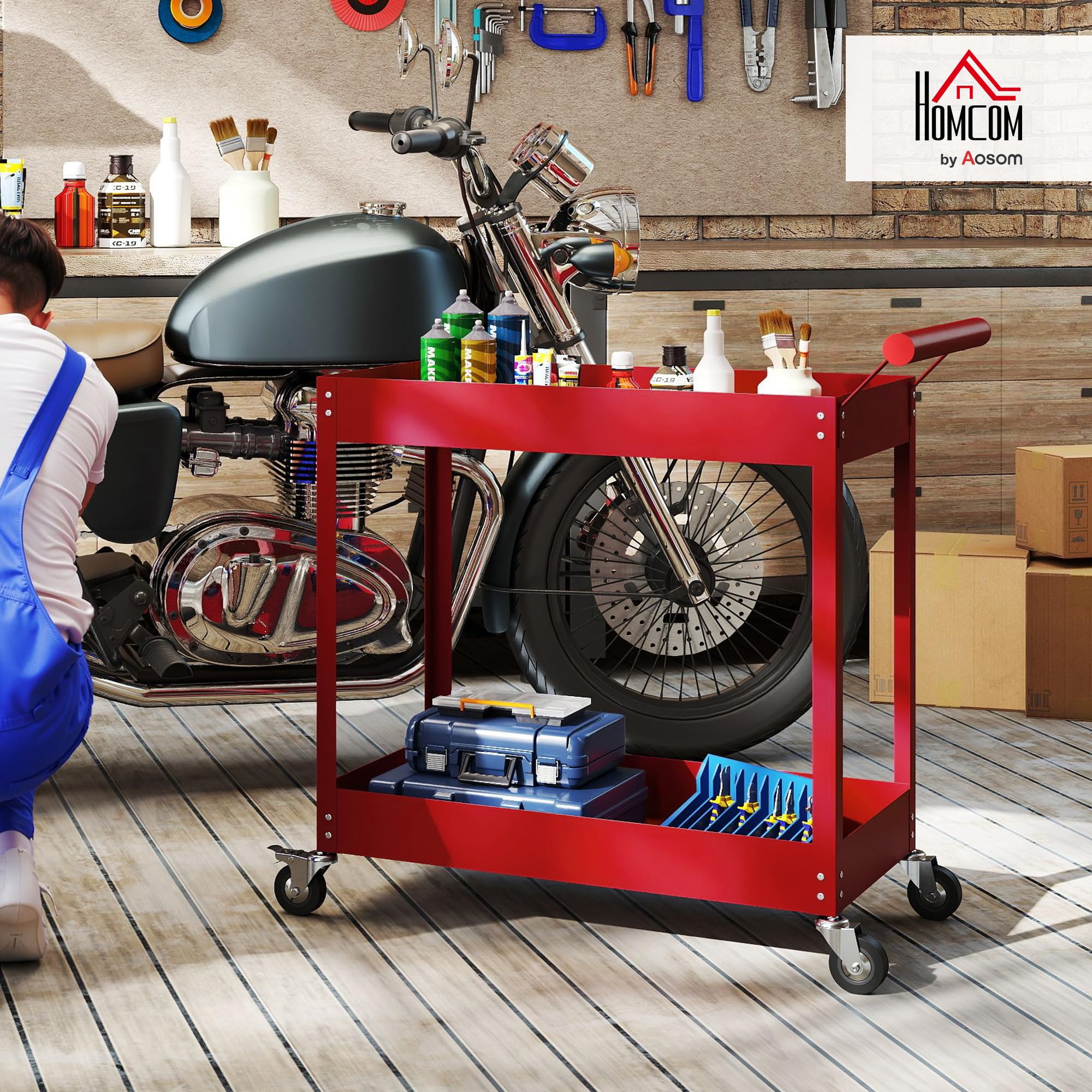 DURHAND Chariot d'atelier servante Atelier Chariot à Outils à 2 Niveaux, poignée latérale et roulettes verrouillables, pour Garage, entrepôt, Outils de Bricolage, Charge 150 Kg, 84,5x38x84cm, Rouge