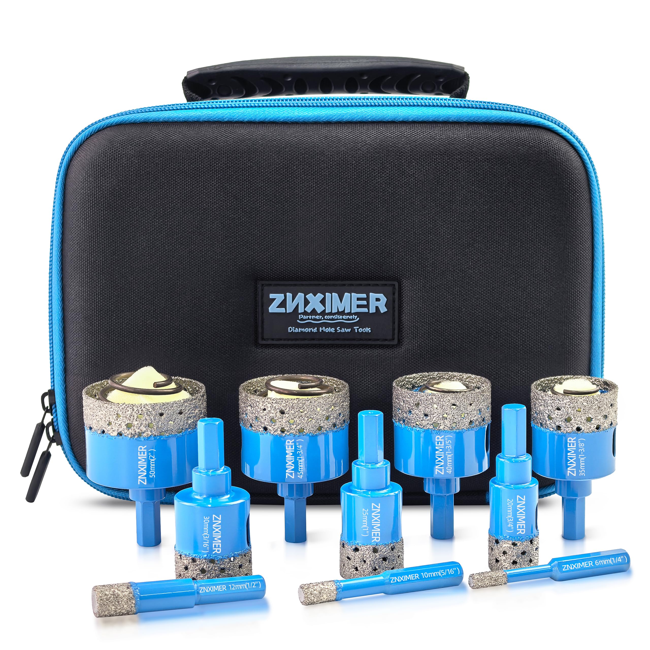 Diamond Tile Drill Bits Set - ZNXIMER Porcelain Tile Hole Saw Kit for Ceramic, Granite, Marble and More Drilling - 10pcs Diamond Core Drill Bits Set(6
