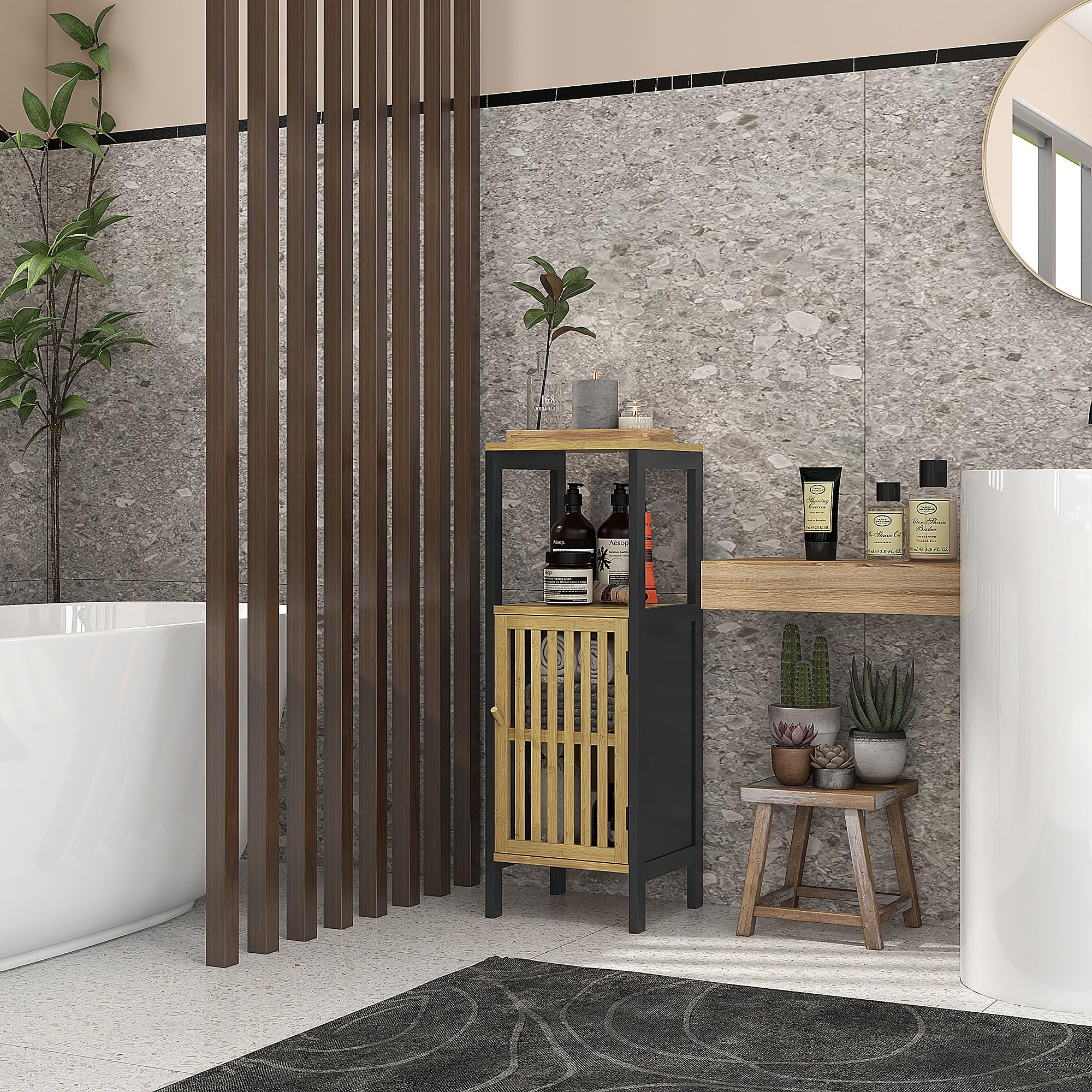 HOMCOM Meuble Bas de Salle de Bain Placard 32 x 30 x 90,5 cm, Noir et Bois
